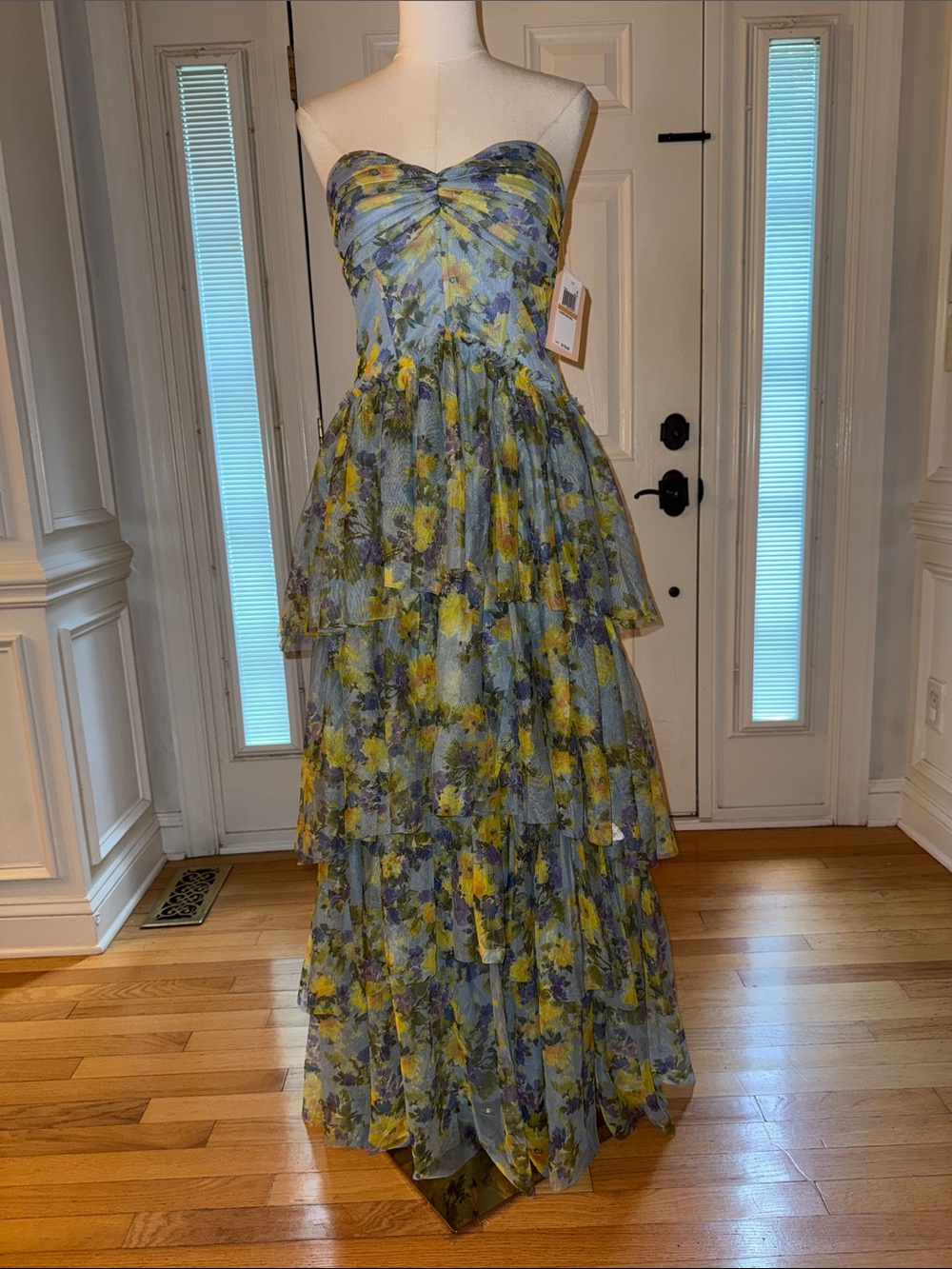 City Studios Strapless Tiered Floral Maxi Dress in Blue & Yellow JR’s Size 7/8
